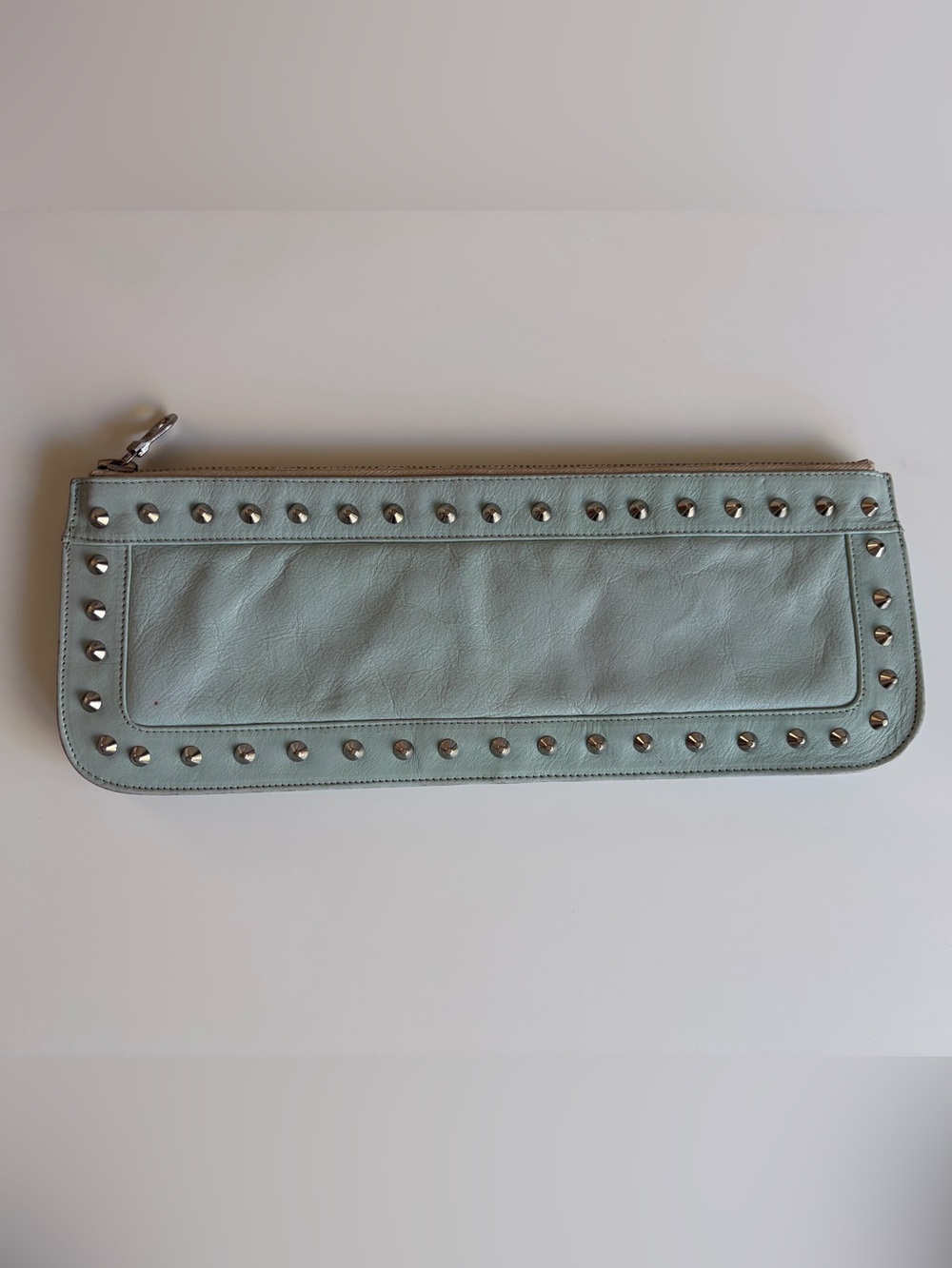 Jennifer Scott Mint Green Leather Studded Clutch Bag Moto Grunge riri Zipper
